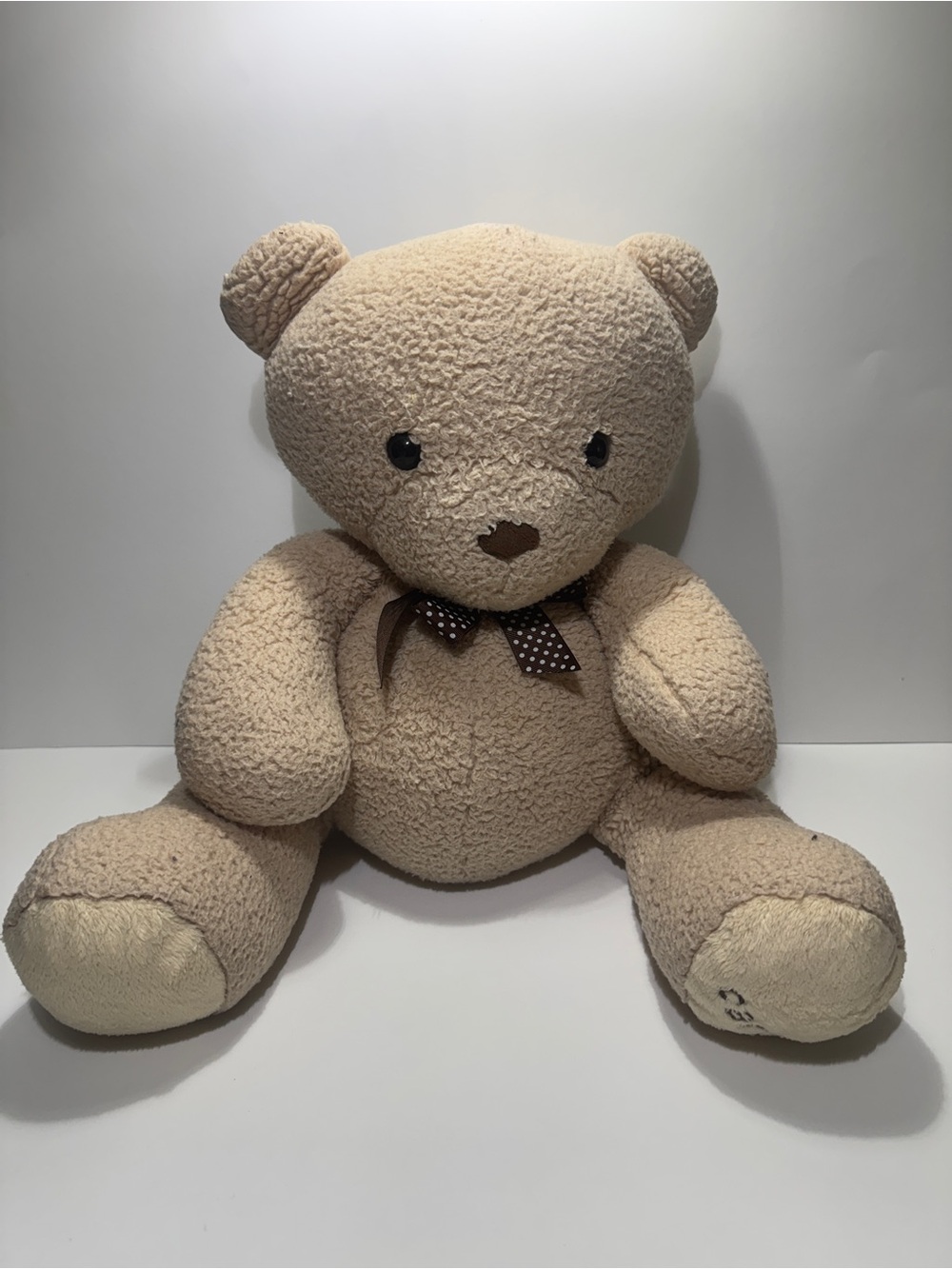 Cater's 16" Beige Plush Teddy Bear w/ Brown Polka Dot Bow - Soft Cuddly Toy